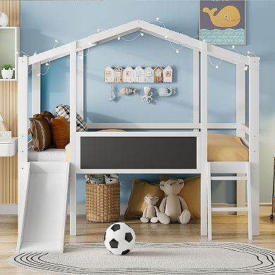 Merax Twin Size Loft Bed with Ladder and Slide, House Bed with Blackboard