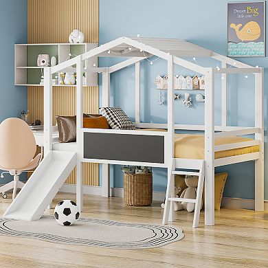 Merax Twin Size Loft Bed with Ladder and Slide, House Bed with Blackboard