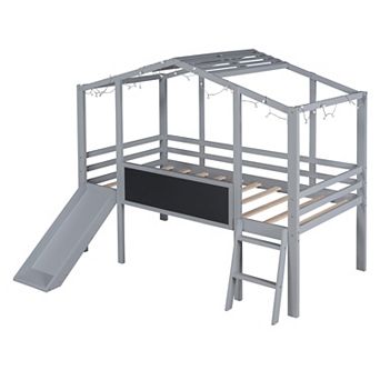 Merax Twin Size Loft Bed with Ladder and Slide, House Bed with Blackboard
