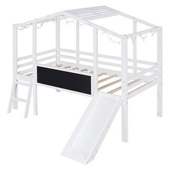 Merax Twin Size Loft Bed with Ladder and Slide, House Bed with Blackboard