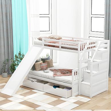 Merax Twin over Full Bunk Bed with Drawers,Storage and Slide, Multifunction