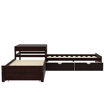 Merax L-shaped Platform Bed with Trundle and Drawers Linked with built in Desk
