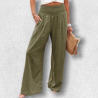 Women‘s Smocked Cotton Wide Leg Pants, Mid-Rise Distressed Casual Boho Lants for Spring Summer