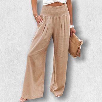 Women‘s Smocked Cotton Wide Leg Pants, Mid-Rise Distressed Casual Boho Lants for Spring Summer