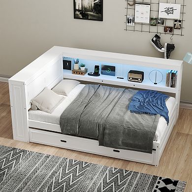 Merax Wood Daybed with Storage Shelves, USB, LED, and Trundle