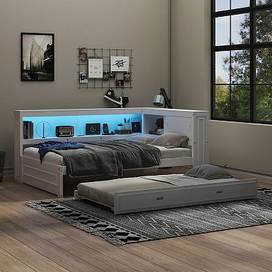 Merax Wood Daybed with Storage Shelves, USB, LED, and Trundle