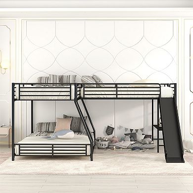 Merax L-Shaped Twin over Full Bunk Bed with Twin Size Loft Bed,Built-in Desk and Slide