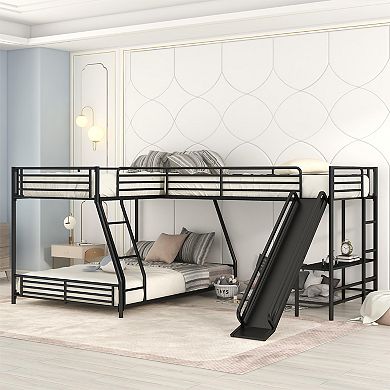 Merax L-Shaped Twin over Full Bunk Bed with Twin Size Loft Bed,Built-in Desk and Slide