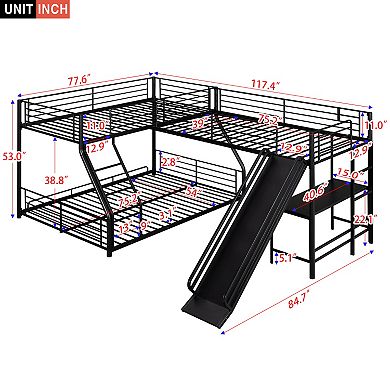 Merax L-Shaped Twin over Full Bunk Bed with Twin Size Loft Bed,Built-in Desk and Slide
