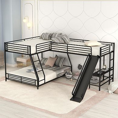 Merax L-Shaped Twin over Full Bunk Bed with Twin Size Loft Bed,Built-in Desk and Slide