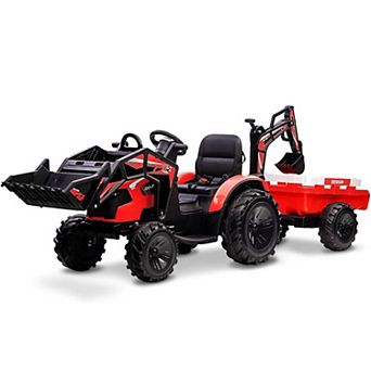 24V Kids Ride On Tractor, Excavator & Bulldozer with Trailer, Digger, Shovel Bucket, Remote, LED