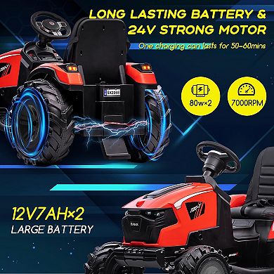 24V Kids Ride On Tractor, Excavator & Bulldozer with Trailer, Digger, Shovel Bucket, Remote, LED