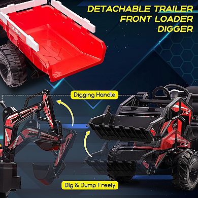 24V Kids Ride On Tractor, Excavator & Bulldozer with Trailer, Digger, Shovel Bucket, Remote, LED