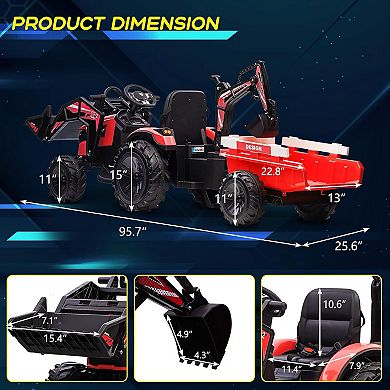 24V Kids Ride On Tractor, Excavator & Bulldozer with Trailer, Digger, Shovel Bucket, Remote, LED