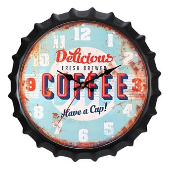 Beer Cap Wall Clock 14 Inch, Retro Industrial Silent Non-Ticking Metal Clock for Garage Room Decor