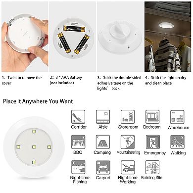 3-Pack LED Closet Puck Lights Wireless, Battery Operated, Remote, Dimmable, Stick-On Lamps