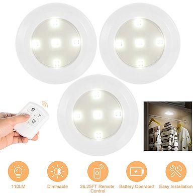 3-Pack LED Closet Puck Lights Wireless, Battery Operated, Remote, Dimmable, Stick-On Lamps