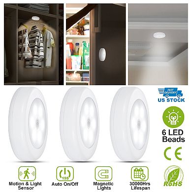 3-Pack Motion Sensor LED Closet Lights, Stick-On Magnetic, Battery Powered for Hallway, Cabinet, Sta
