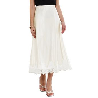 Lace Satin Skirt for Women's High Waist A-Line Silk Cocktail Elegant Wedding Midi Dress