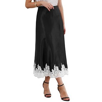 Lace Satin Skirt for Women's High Waist A-Line Silk Cocktail Elegant Wedding Midi Dress