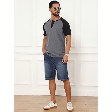 Men's Henley Shirts Button Down Color Block Short Sleeve Raglan T-Shirt