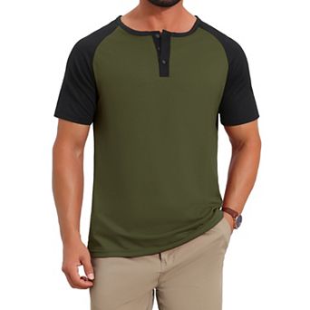 Men's Henley Shirts Button Down Color Block Short Sleeve Raglan T-Shirt