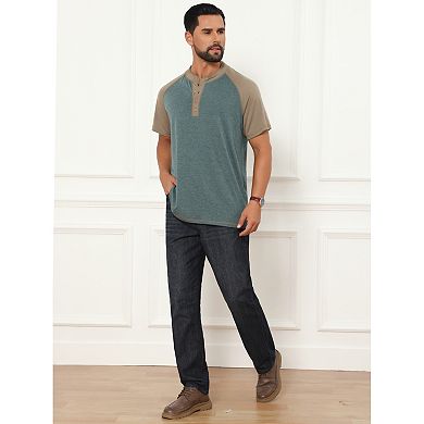Men's Raglan Henley Shirt Retro Colorblock Short Sleeve Button Down T-Shirt