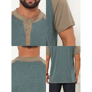 Men's Raglan Henley Shirt Retro Colorblock Short Sleeve Button Down T-Shirt