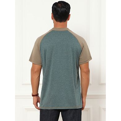 Men's Raglan Henley Shirt Retro Colorblock Short Sleeve Button Down T-Shirt