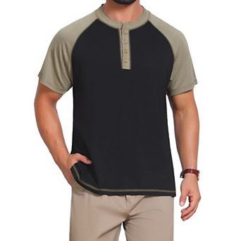Men's Raglan Henley Shirt Retro Colorblock Short Sleeve Button Down T-Shirt