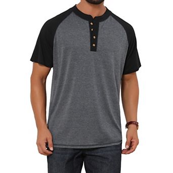 Men's Raglan Henley Shirt Retro Colorblock Short Sleeve Button Down T-Shirt