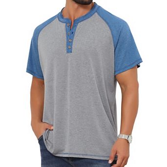 Men's Raglan Henley Shirt Retro Colorblock Short Sleeve Button Down T-Shirt