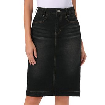 Denim Skirt for Women High Waist Split Back Pockets Knee Length Pencil Skirt