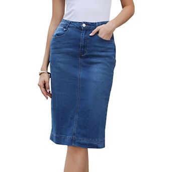 Denim Skirt for Women High Waist Split Back Pockets Knee Length Pencil Skirt