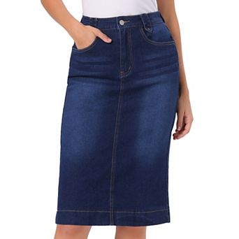 Denim Skirt for Women High Waist Split Back Pockets Knee Length Pencil Skirt