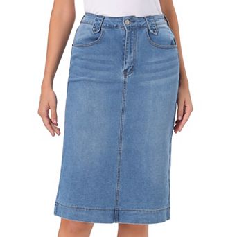 Denim Skirt for Women High Waist Split Back Pockets Knee Length Pencil Skirt