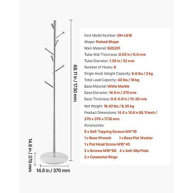 Coat Rack Freestanding Tree with Marble Base and 8 Hooks