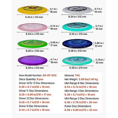 Disc Golf Set 8-Pack Starter Discs with Putter Mid-Range Driver PDGA Approved