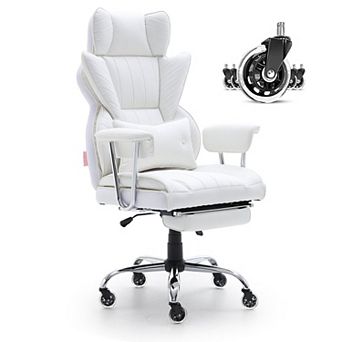Reclining Office Chair with Footrest Wide PU Leather Heavy Duty White