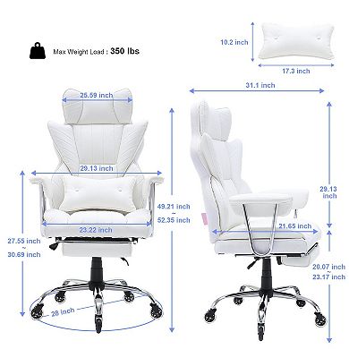 Reclining Office Chair with Footrest Wide PU Leather Heavy Duty White