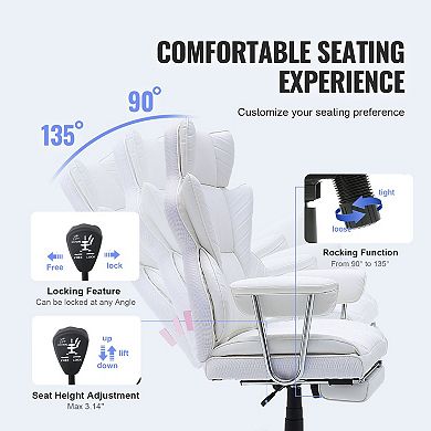 Reclining Office Chair with Footrest Wide PU Leather Heavy Duty White