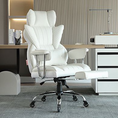 Reclining Office Chair with Footrest Wide PU Leather Heavy Duty White