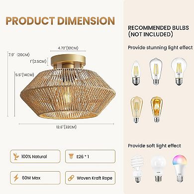 Moooni Boho Hand-Woven Rattan Flush Mount Ceiling Light - Gold