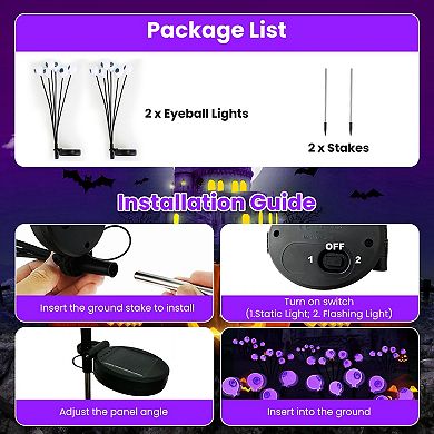 2Pcs Solar Eyeball Halloween Lights Outdoor Swaying LED Pathway Decor IP65 Waterproof