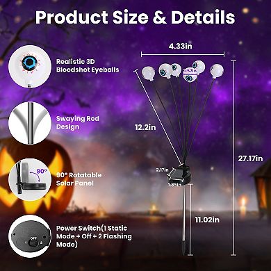 2Pcs Solar Eyeball Halloween Lights Outdoor Swaying LED Pathway Decor IP65 Waterproof