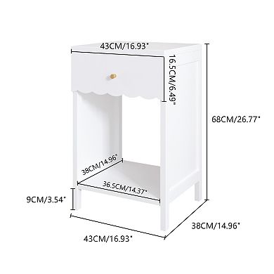 Minimalist Scalloped Edge Nightstand with Drawer and Open Shelf in White