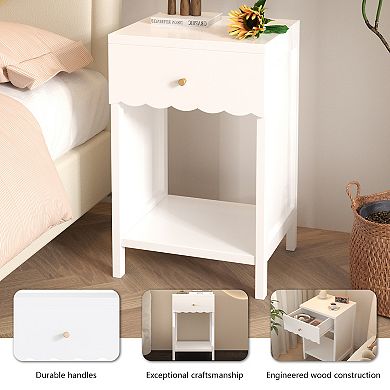 Minimalist Scalloped Edge Nightstand with Drawer and Open Shelf in White