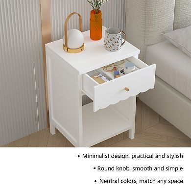 Minimalist Scalloped Edge Nightstand with Drawer and Open Shelf in White