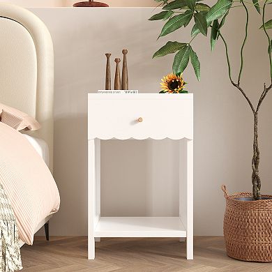 Minimalist Scalloped Edge Nightstand with Drawer and Open Shelf in White