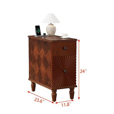 Modern Slim Side Table with 2 Drawers Narrow Nightstand